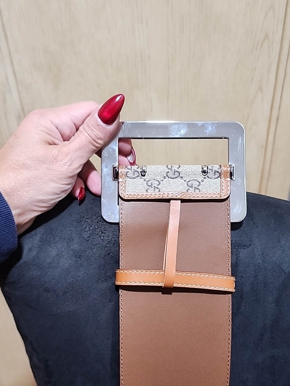 Beige GG Canvas Monogram Belt with Brown Trim and Silver Buckle - Picture 6 of 10